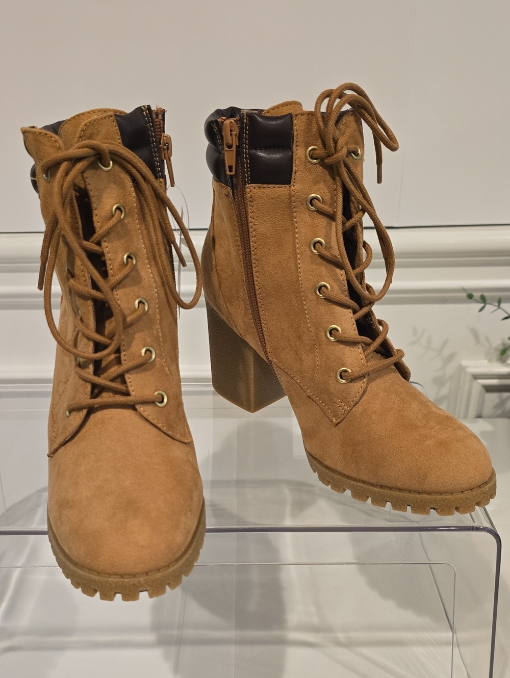Sugar "Lacy" Heeled Lace-Up Block Ankle Boots - Color Wheat Size 7